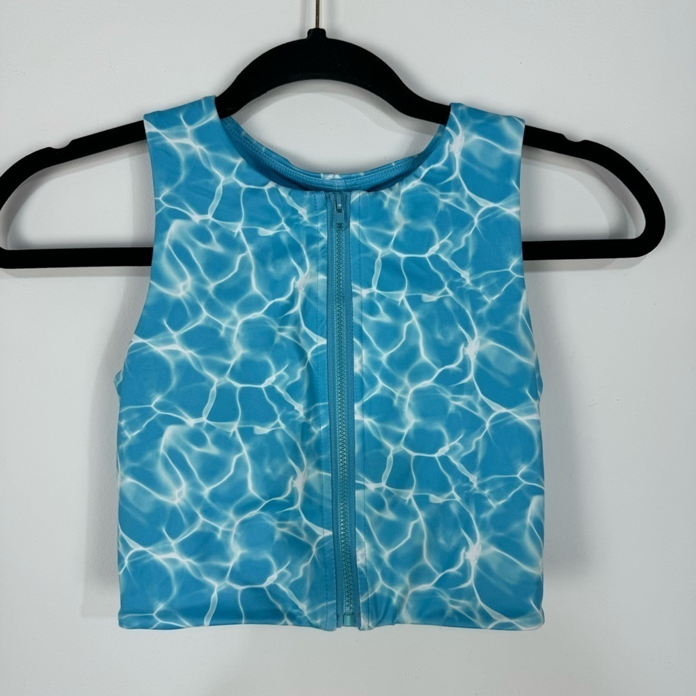 BuffBunny Limitless Zip Sports Bra Size XS Reflection Print Aqua Light Blue gym